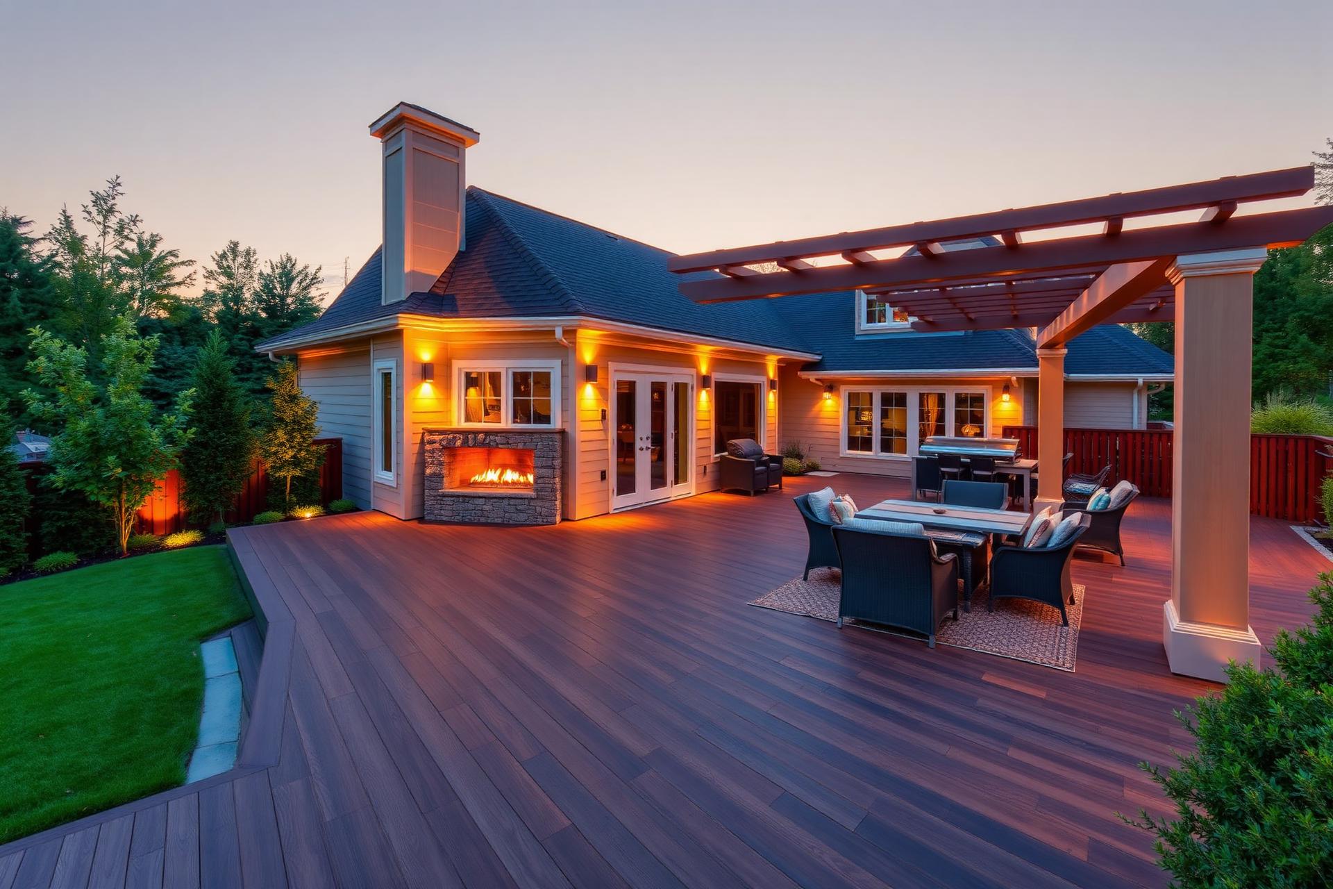 Luxury composite deck with pergola at twilight